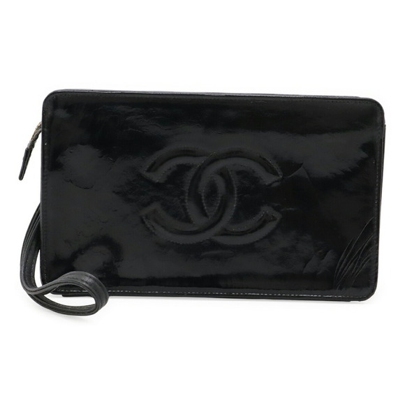 CHANEL Black Leather Logo Clutch Bag - Picture 2 of 9